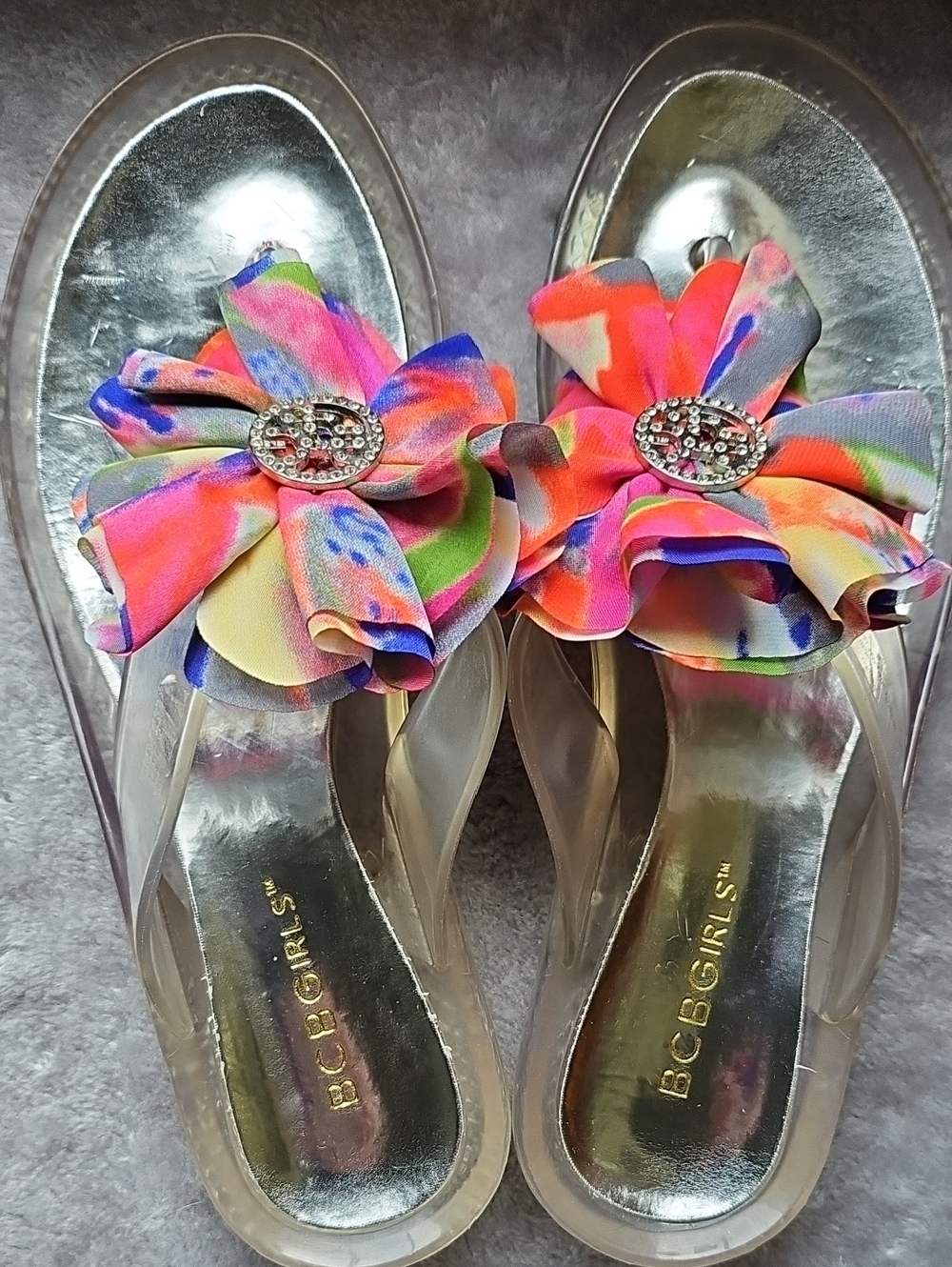 BCBGirls Clear Jelly Flip Flops with Multicolor Floral Accents
